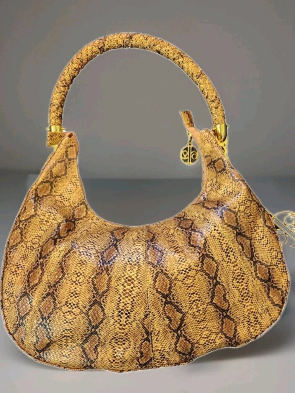Calla Faux Snakeskin Hobo Handbag Golden Brown Python Print Studded Charm Y2K - Picture 4 of 16